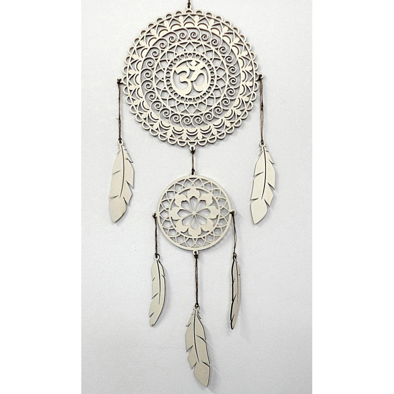 Duchowy łapacz snów OM, drewniana dekoracja ścienna, pióra ze sklejki topolowej, styl boho.