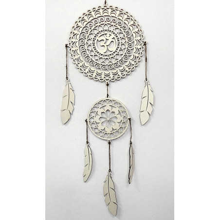 Duchowy łapacz snów OM, drewniana dekoracja ścienna, pióra ze sklejki topolowej, styl boho.